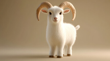 Fototapeta premium Cute cartoon goat with large horns and fluffy fur.