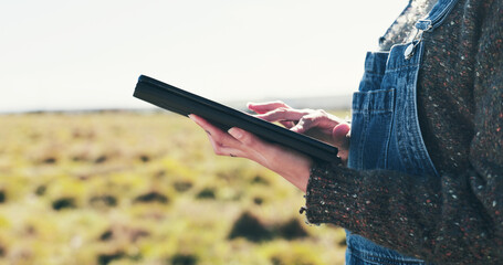 Person, hands and farmer with tablet for agro business, checklist or natural agriculture in nature....
