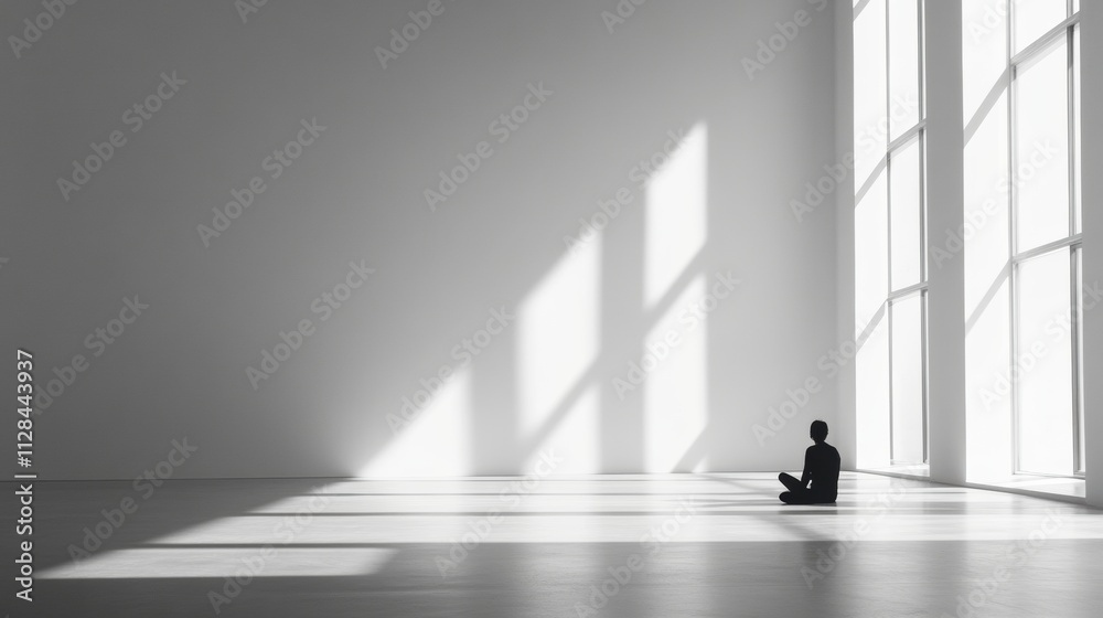 Leinwandbilder a person sits alone on the floor of a spacious gallery, reflecting in a serene atmosphere filled wit