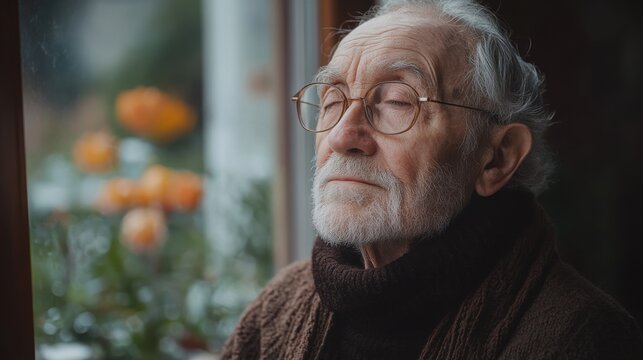 elderly man in prayer senior man with eyeglasses sitting in front of a window