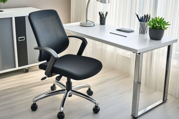 Modern Office Chair DesignErgonomic Black Fabric Swivel Rolling Chair with Chrome Base for Home or Office Workspace