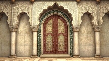 Obraz premium Ornate Palace Entrance: Intricate Carving and Majestic Architecture of a Moorish Palace Door