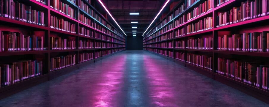 A vibrant library corridor with illuminated shelves, creating a futuristic and inviting atmosphere for readers and knowledge seekers.