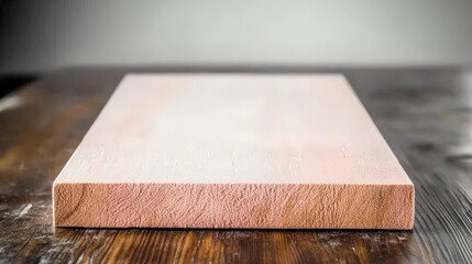 Fototapeta premium A smooth, light pink wooden board rests on a dark table, serving as a simple yet elegant base for creative DIY projects that inspire artistic expression and craftsmanship.