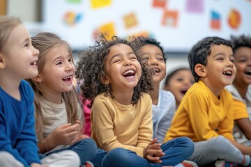 Obraz premium Cheerful children are happily sitting on the classroom floor