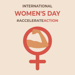 Poster for women's day with female sign. Company 2025 with slogan #AccelerateAction. Vector.
