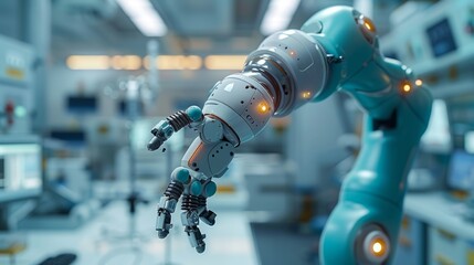 Close-up of robotic arm in a futuristic lab setting.