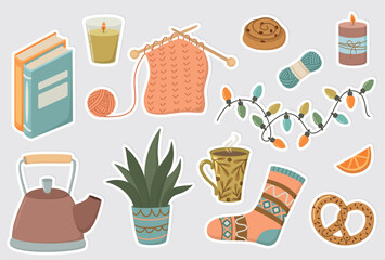 Set of stickers with colorful hygge mood cozy things isolated on gray background. Cute hand drawn illustrations