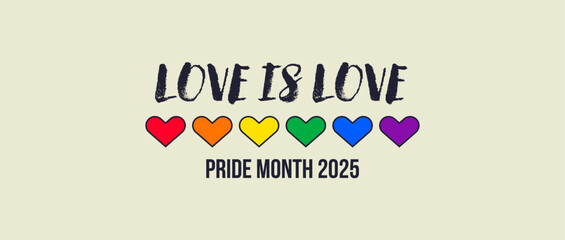 Pride Month banner, Pride Flag colors with heart shape. LGBTQ Rainbow flag with Pride Month 2025