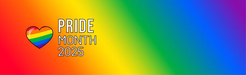 Pride Month banner with Pride Flag. LGBTQ Rainbow flag with Pride Month text. Love is Love 2025