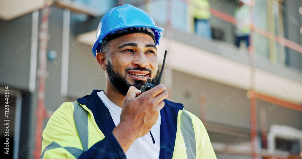 Poster Construction site, engineering and man with radio, architecture and building development. Inspector. supervisor and management for renovation, conversation and safety with hard hat and productivity