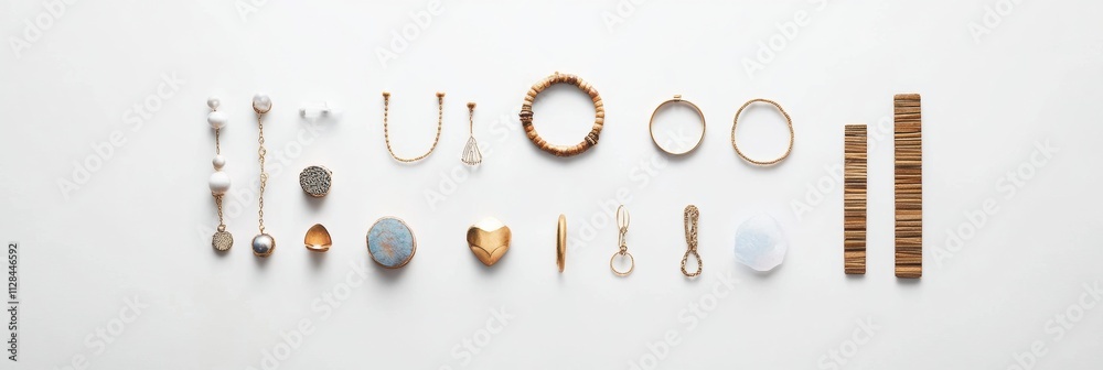 Poster stylish collection of jewelry items spread out on a plain surface, showcasing bracelets, rings, and 