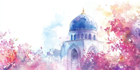 Serene Watercolor Painting of a Mosque Amidst Blooming Cherry Blossoms A Tranquil Springtime Scene