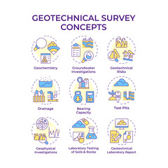 Geotechnical survey multi color concept icons. Civil engineering ground investigation. Geodetic technology. Icon pack. Vector images. Round shape illustrations for articles. Abstract idea
