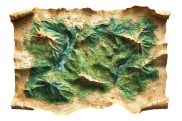 Detailed topographic map showcasing mountainous terrain and river systems in a natural landscape