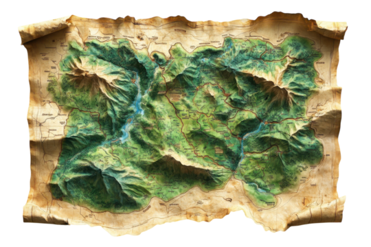 Detailed topographic map showcasing mountainous terrain and river systems in a natural landscape