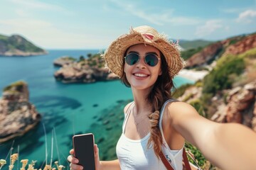 Fototapeta premium Happy female tourist taking selfie outdoors Travel tourism trip and vacation concept