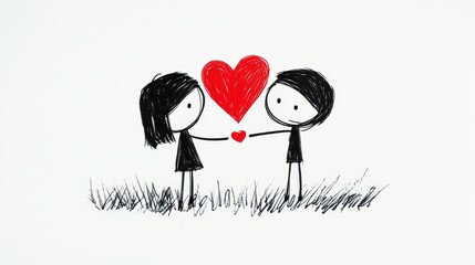 Two girls holding hands and a heart. The heart is red and the girls are wearing black