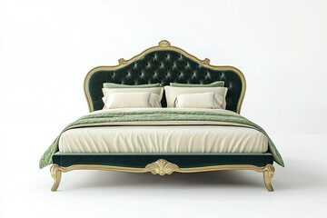 green cream and gold double metal frame bed with curved headboard on white background 