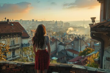 Fototapeta premium Woman admires Belgrade skyline captivated by historic charm.