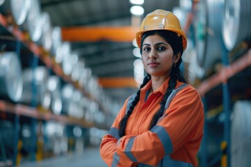 Indian woman staff worker engineer supervisor in safety suit work in factory warehouse