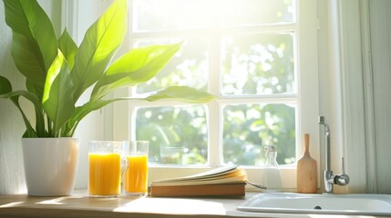 Fototapeta premium Bright Kitchen Sunshine Refreshing Orange Juice and Green Plants by the Window in a Cozy Environment