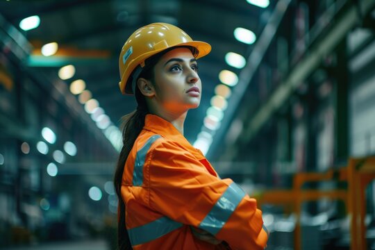 Indian woman staff worker engineer supervisor in safety suit work in factory warehouse