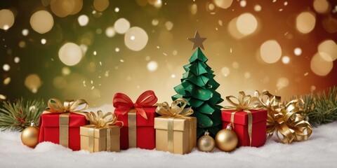 A festive arrangement of red and green gift boxes with golden ribbons, surrounded by ornaments and sparkling lights, evoking the warmth and joy of Christmas celebrations