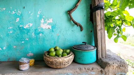 Fototapeta premium Fresh Green Apples in a Rustic Kitchen Setting Vibrant Natural Environment Captured from a Side View for Culinary Inspiration