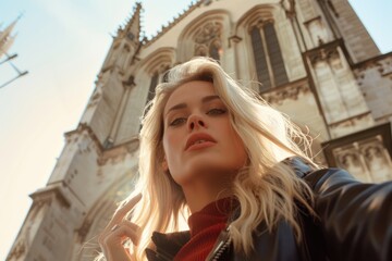 Fototapeta premium Stylish blonde model taking selfie in Europe with bright makeup