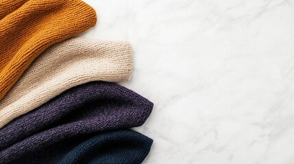 Handmade knitted swatches displayed in a cascading layout, showcasing their warmth, natural textures, and artisanal design quality.
