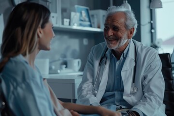 Obraz premium Smiling mature doctor and female patient discussing while sitting in clinic