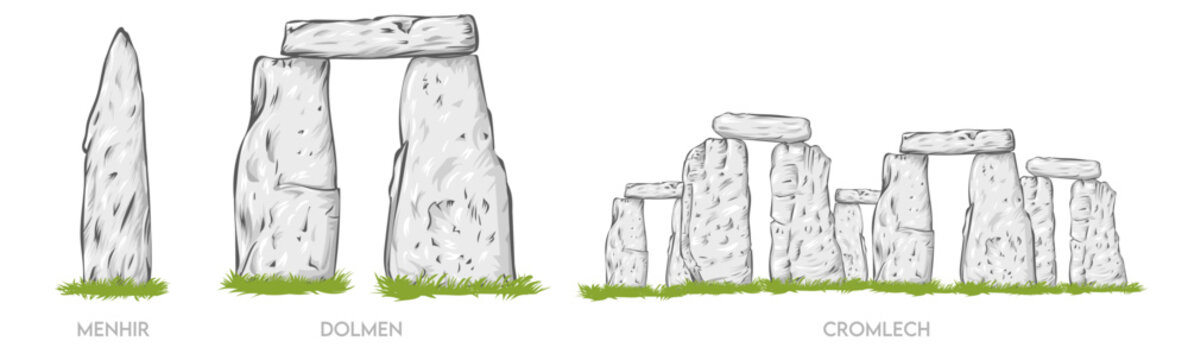 Menhir, Cromlech and Dolmen Hand-drawn linear cartoon sketch. Vector illustration. isolated on white background