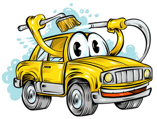  Cartoon Character yellow Car Wash. Vector Hand Drawn Illustration Isolated On Transparent Background