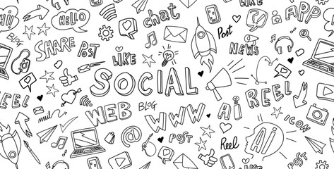 Hand drawn set of web sign and symbol doodles elements. banner background