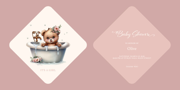 Diamond-Shaped Baby Shower Invitation with Teddy Bear in Bathtub Illustration, Pink and Beige Theme, It's a Girl Announcement, Baby Shower Invitation Card - Powered by Adobe