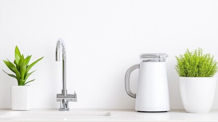 Modern Kitchen Decor with Plants and a Sleek Water Kettle Minimalist Style Bright Atmosphere Interior Design Inspiration