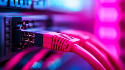 Glowing fiber optic cables transmitting digital data with a futuristic high tech aesthetic  The cables are illuminated with a bright luminous glow