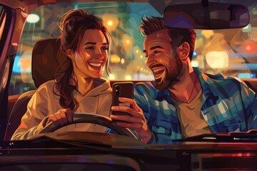 Happy couple in car using smartphone for safe travel.