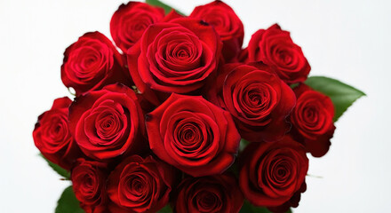 Obraz premium Bouquet of red roses with green leaves, white background, horizontal