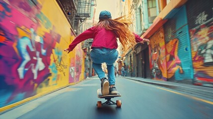 Young woman skateboarding on vibrant graffiti street, motion blur capturing dynamic movement. Long-haired skater in red sweater and jeans against colorful urban art background