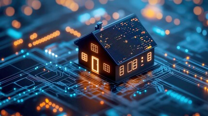 Obraz premium This image features a modern house design set against a vibrant circuit pattern that highlights digital connectivity and innovative technology in contemporary living.