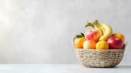 A wicker basket holds a colorful array of fresh fruit