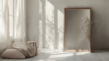 A serene, minimalist interior with a mirror, soft textiles, and natural light.
