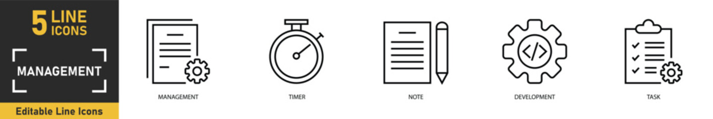 Management line icon set. Set of 5 outline icons related to management, timer, note, development, task and more. Vector illustration.