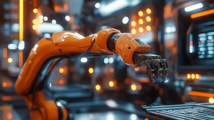 Orange Robotic Arm in Industrial Factory Setting