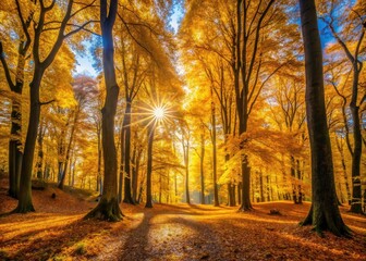 Fototapeta premium Golden Autumn Forest Landscape, Fall Foliage Photography, Yellow Trees Scenery, Autumnal Woods, Nature Photography