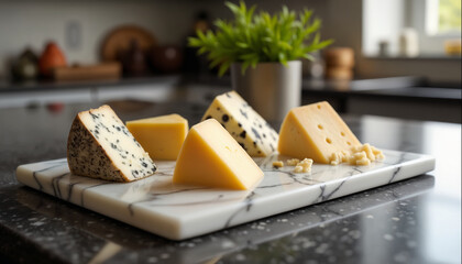 wallpapers A beautiful display of assorted cheeses on a marble board with a bright kitchen background featuring a plant. AI generated