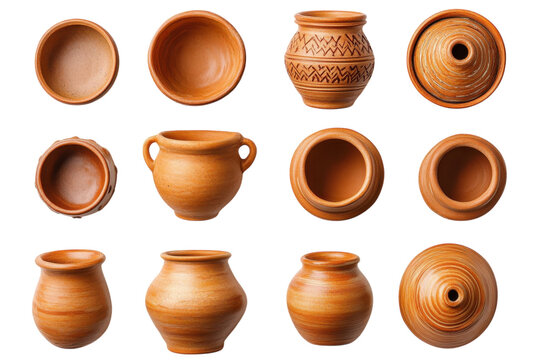 Various handcrafted clay pots arranged on a neutral background showcasing traditional pottery styles