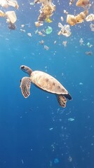 Obraz premium Sea Turtle in Polluted Ocean: A Cry for Help